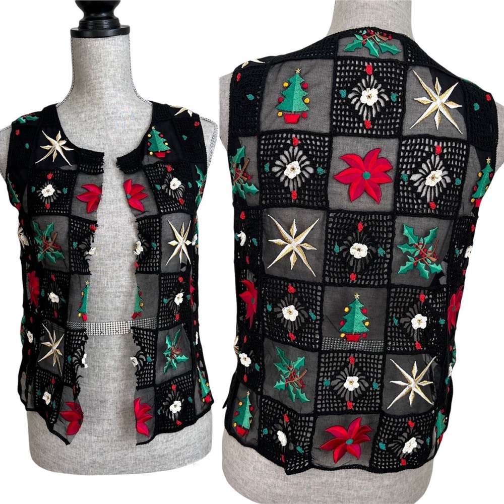 Handmade Christmas Appliqué Crotchet Patchwork Mesh Square Holiday Vest